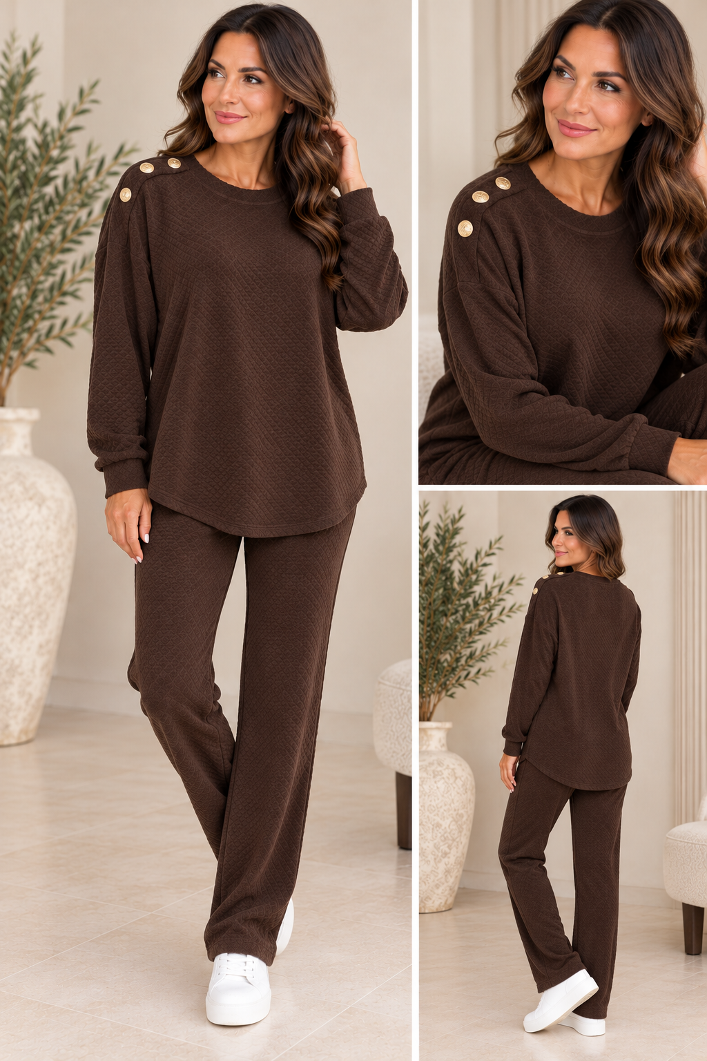 CARLY crew neck towelling set - BROWN