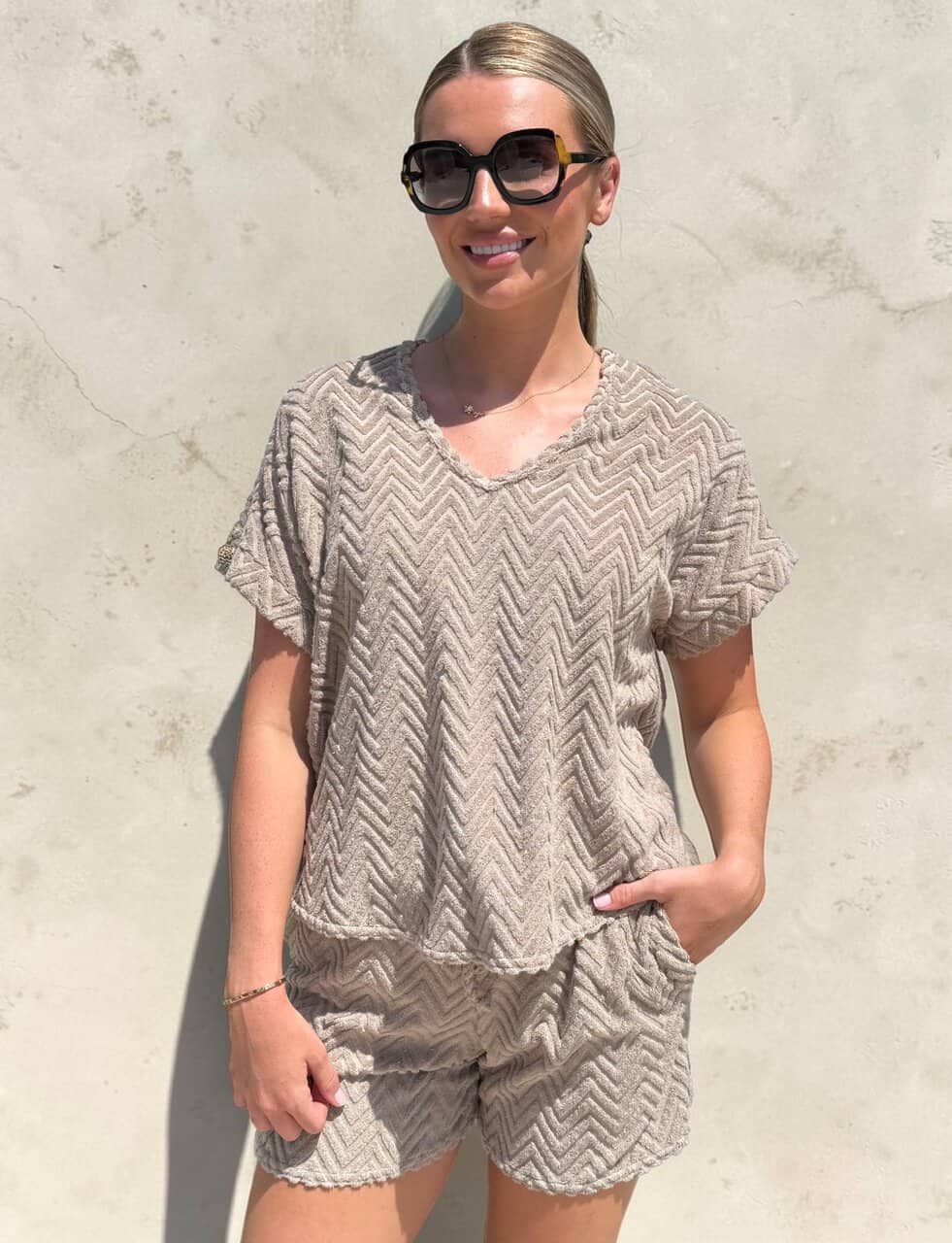 PHOEBE textured towelling short set – SOFT STONE