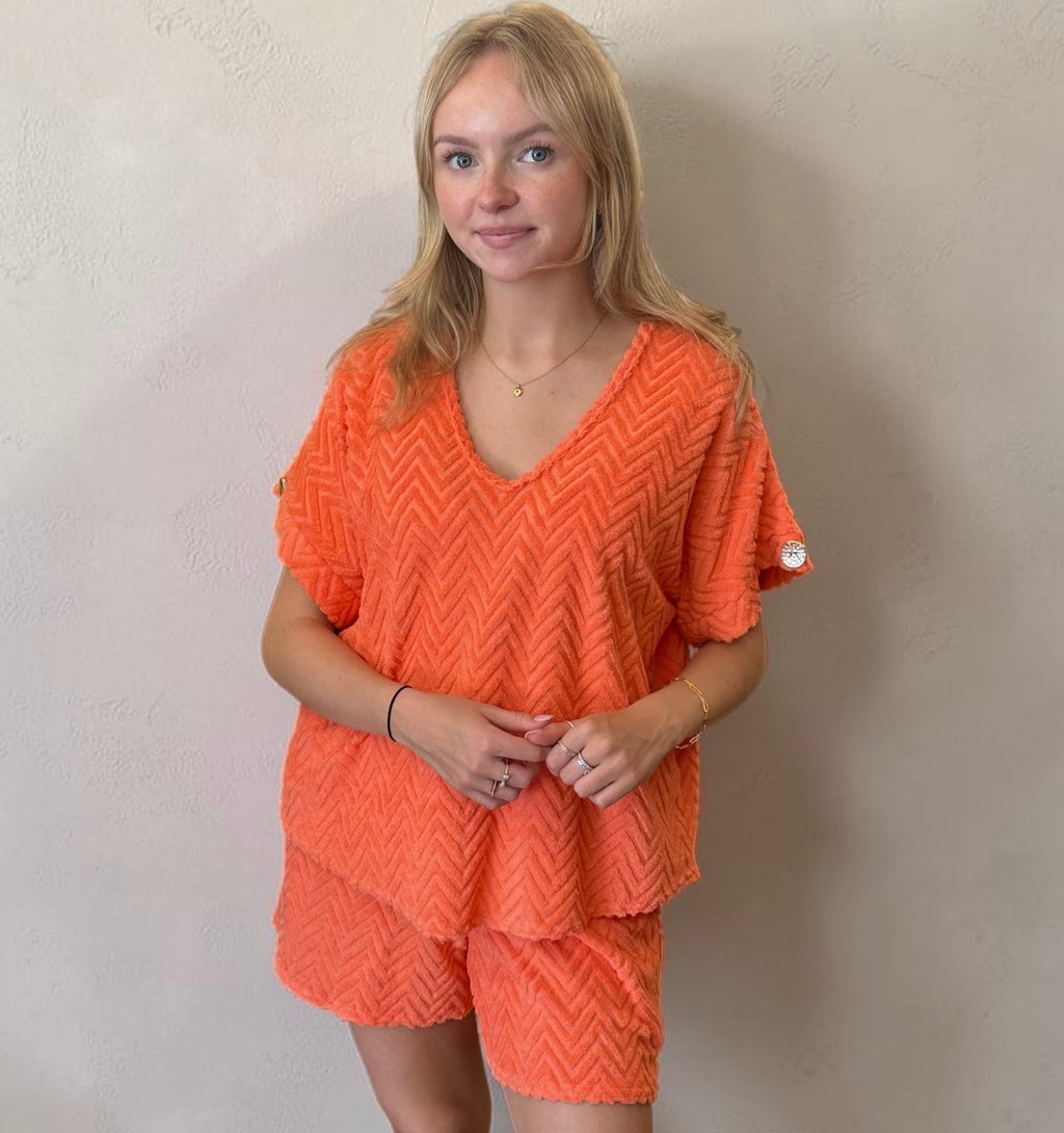 PHOEBE textured towelling short set – CORAL