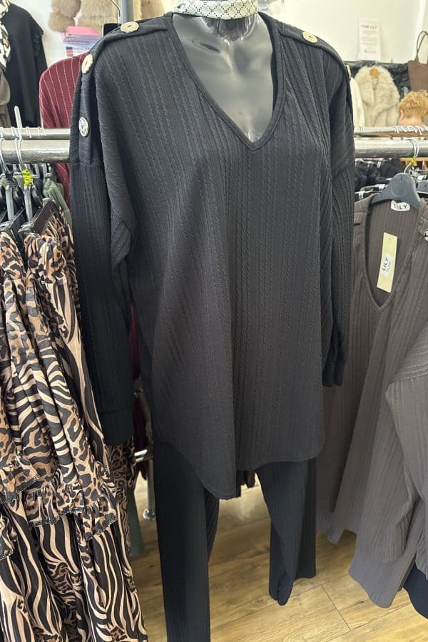 CARLY long sleeve set with gold button detail - BLACK textured fabric