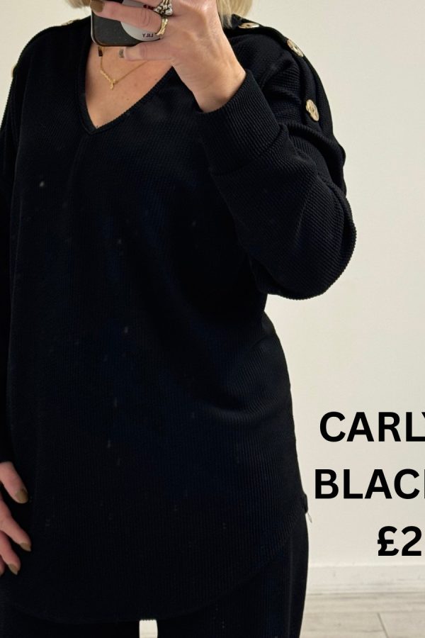 CARLY long sleeve set with gold button detail - BLACK