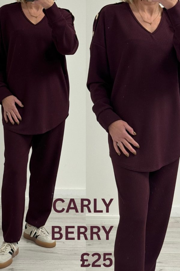 CARLY long sleeve set with gold button detail - BERRY