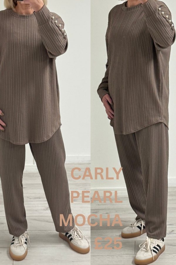 CARLY long sleeve set with PEARL detail - MOCHA