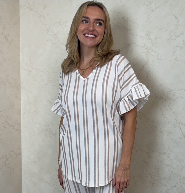 CARLY Frill sleeve SET- mocha stripe