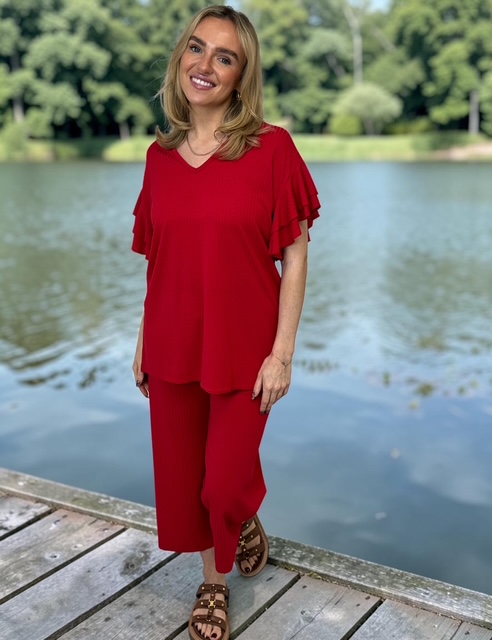 Jenny double frill sleeve with crop trouser - RED