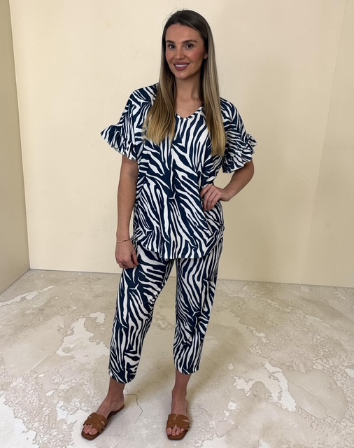 Carly Frill sleeve SET sizes 8 to 20 - Navy zebra