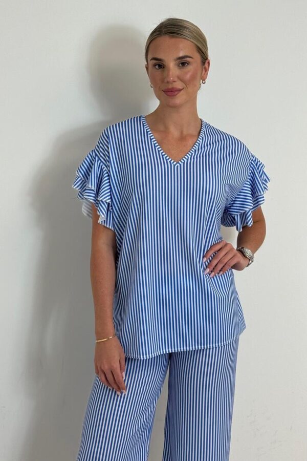 TALLY frill sleeve set with crop trouser - BLUE STRIPE