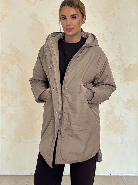SAPPHIRE mid-length padded jacket with hood - MOCHA