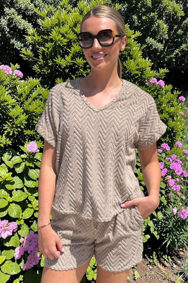 PHOEBE textured towelling short set - SOFT STONE