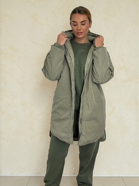 SAPPHIRE mid-length padded jacket with hood - KHAKI