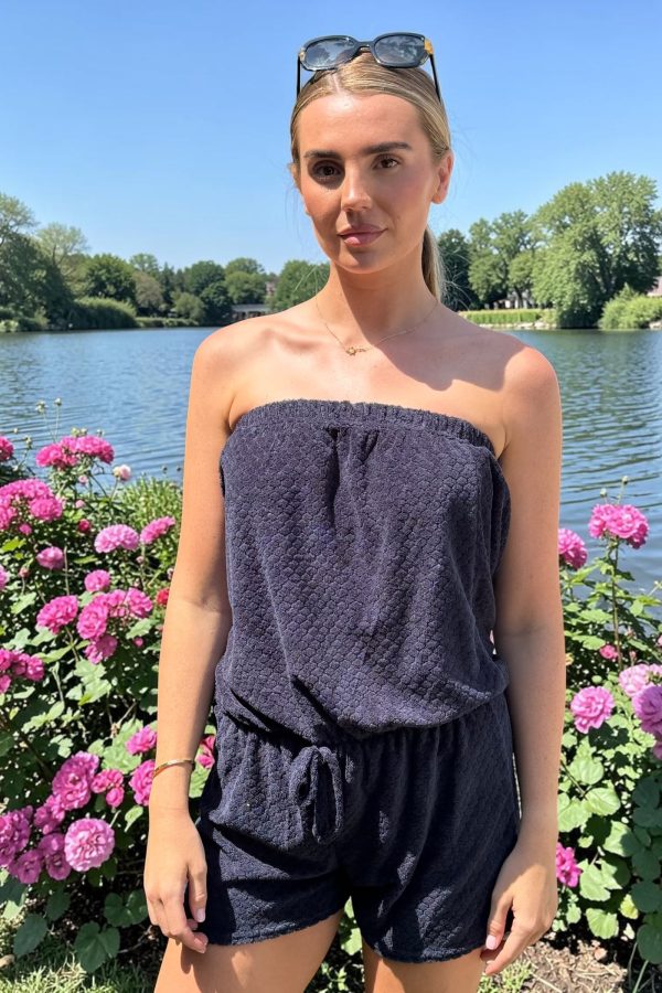 POLLY Luxury towelling playsuit sizes 8 to 20 - NAVY