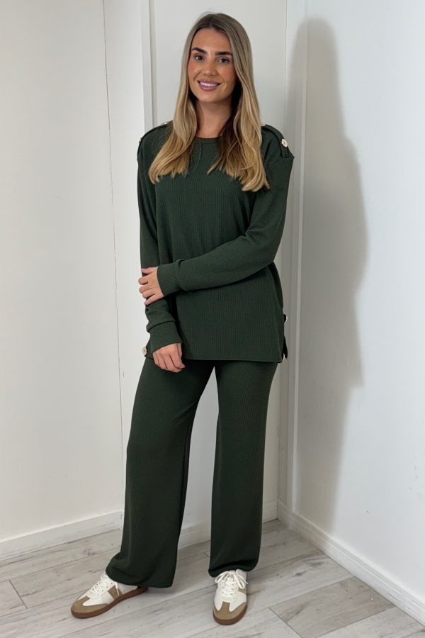 Eliza Set with gold button detail - KHAKI