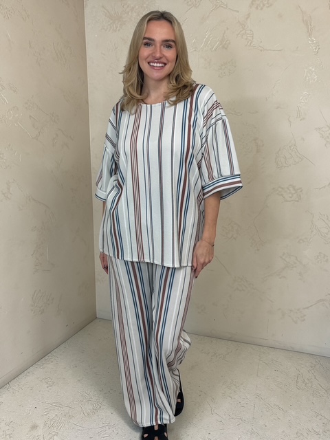 JESSIE stripe set with wide leg - NAVY AND MOCHA