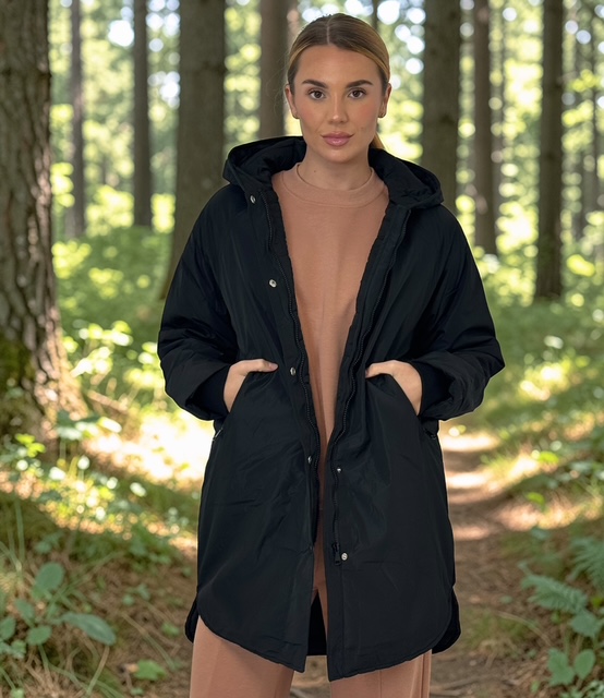 SAPPHIRE mid-length padded jacket with hood - BLACK