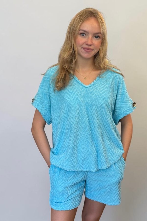 PHOEBE textured towelling short set - SKY BLUE