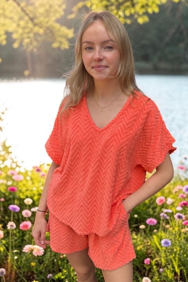 PHOEBE textured towelling short set - CORAL