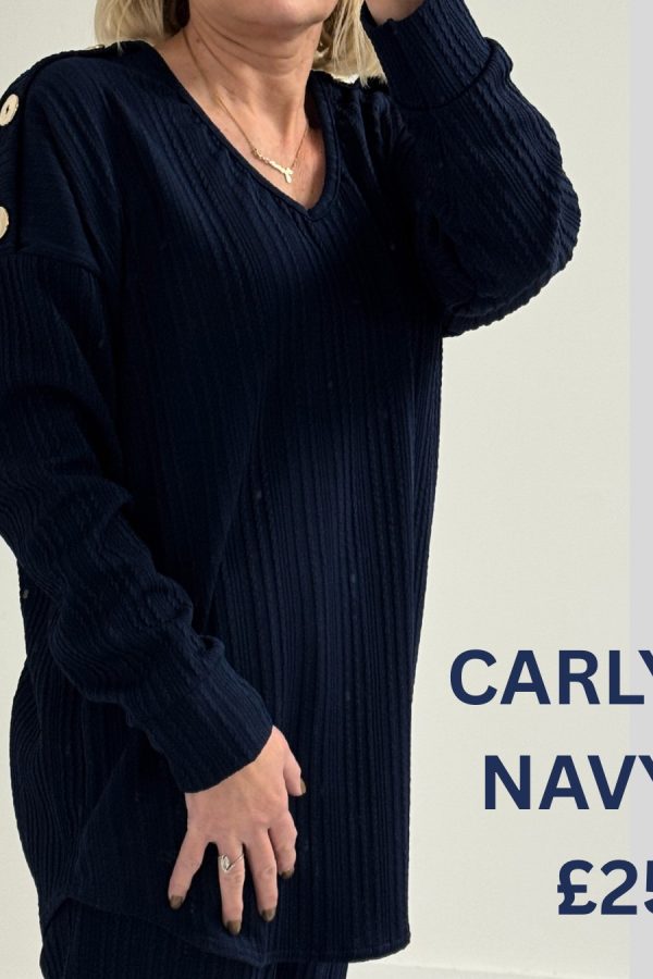 CARLY long sleeve set with gold button detail - NAVY